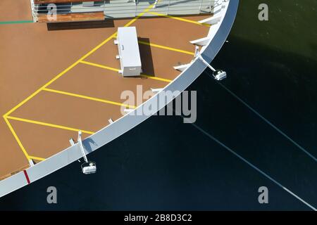 Section  and close up of front desk cruise ship from above showing almost abstract lines from bow en deck fittings Stock Photo