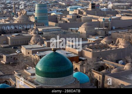 aerial view from Minaret of the Islam-Khodja madrassa onto Itchan-Kala, Khiva, Uzbekistan, Central Asia Stock Photo