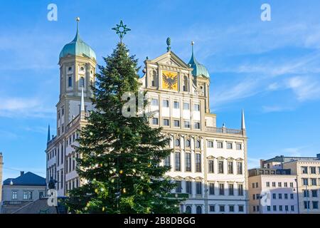 Christmas tree at the christmas market in the city of Augsburg Stock Photo