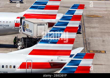 Phoenix, Arizona – April 8, 2019: American Airlines airplane tails at Phoenix Sky Harbor airport (PHX) in Arizona. Stock Photo