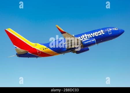 Phoenix, Arizona – April 8, 2019: Southwest Airlines Boeing 737-700 airplane at Phoenix Sky Harbor airport (PHX) in Arizona. Stock Photo