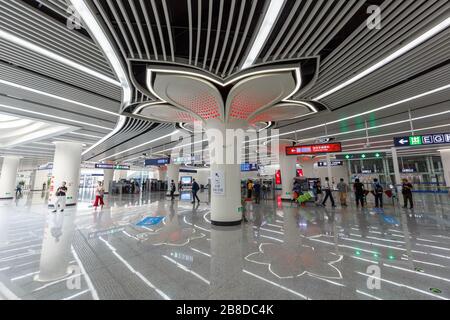 Beijing, China – September 30, 2019: Cao Qiao Caoqiao Beijing Daxing Airport Express MRT Metro Station in Beijing, China. Stock Photo