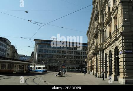 Zürich/Switzerland in times of Corona-Virus: The Paradeplatz in the financial center with only few people and no crowds Stock Photo