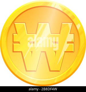 KRW Golden won coin symbol on white background. Finance investment concept. Exchange South Korean currency Money banking illustration. Business income earnings. Financial sign stock vector. Stock Vector