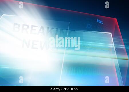 Modern studio space with big flat screens breaking news text, suitable for breaking news background. 3d Illustration Stock Photo