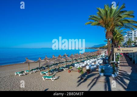 Beach along Paseo Maritimo seaside promenade, Marbella, Andalucia, Spain, Europe Stock Photo