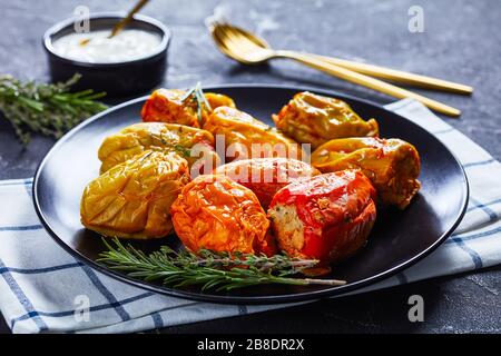 Classic stuffed bell peppers with rice, ground beef, and pork in tomato sauce, rosemary and thyme on a black plate with sour cream and gold cutlery, o Stock Photo