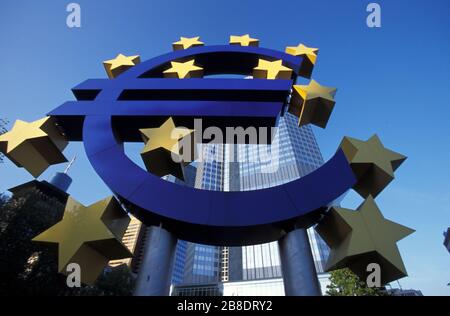 Euro symbol in front of the European Central Bank headquarters in Frankfurt, Germany, Willy-Brandt-Platz Willy-Brandt-Platz, Hesse, Stock Photo