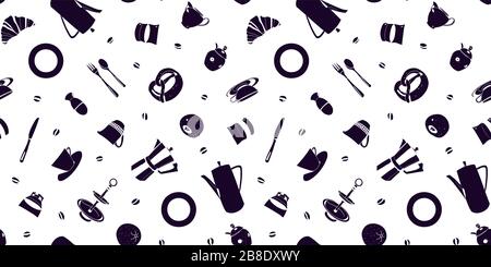 Vector trendy linocut early morning breakfast pattern with porcelain, food and coffee pot. Breakfast, bar, hotel, restaurant, menu. Stock Vector