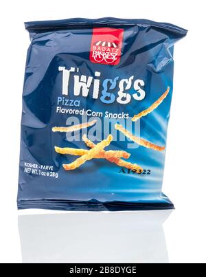 Winneconne,  WI - 17 March 2020:  A package of Twiggs pizza corn snacks on an isolated background. Stock Photo