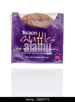 Winneconne,  WI - 17 March 2020:  A package of Tregroes waffles chocolate covered on an isolated background. Stock Photo