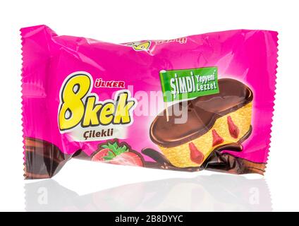 Winneconne,  WI - 17 March 2020:  A package of Ulker 8kek strawberry cake on an isolated background. Stock Photo