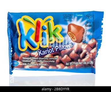 Winneconne,  WI - 17 March 2020:  A package of Klik kariot pillows candy on an isolated background. Stock Photo