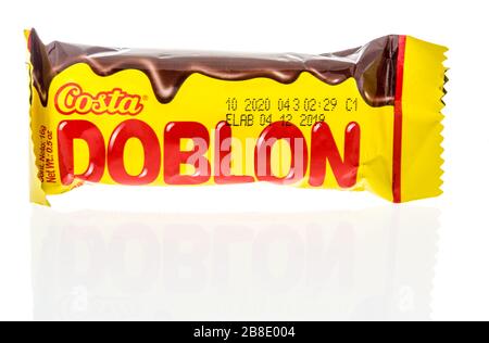 Winneconne,  WI - 17 March 2020:  A package of Costa doblon candy on an isolated background. Stock Photo