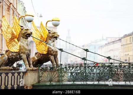 Two Griffins on Bank bridge crossing the Griboedov Canal near the former Banking Assignation in Saint Petersburg, Russia Stock Photo