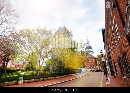 Spring time view of Bladen street towards Maryland State House capitol building, Annapolis MA, USA Stock Photo