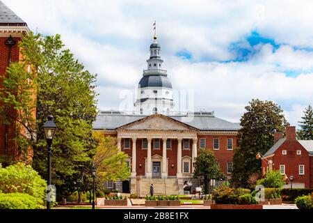 Maryland State House capitol building view from Bladen street at string, Annapolis MA, USA Stock Photo
