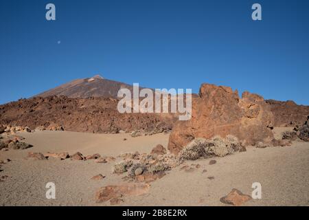 Martian landscape on the eastern slopes of Montana Blanca Mirador las Minas de San Jose with Teide mount at background. Teide National park, Tenerife, Stock Photo