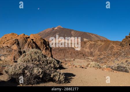 Martian landscape on the eastern slopes of Montana Blanca Mirador las Minas de San Jose with Teide mount at background. Teide National park, Tenerife, Stock Photo