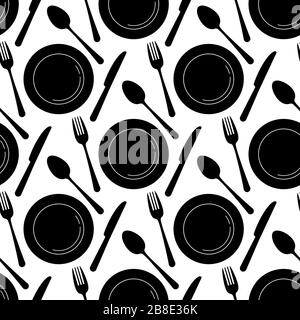 Black empty plate with spoon, knife and fork seamless pattern isolated on a white background. Stock Vector