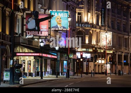 General view of Shaftesbury Avenue, London, at around the usual opening time for west end shows, after Prime Minister Boris Johnson ordered theatres, pubs and restaurants across the country to close as the Government announced unprecedented measures to cover the wages of workers who would otherwise lose their jobs due to the coronavirus outbreak. Stock Photo