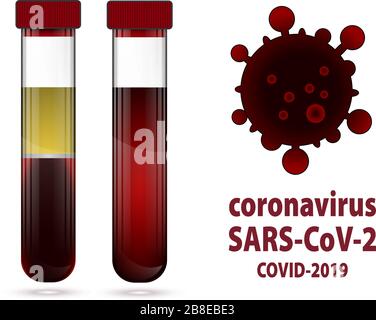 Two test tube with blood and serum illustration on the wite round and red background Stock Vector