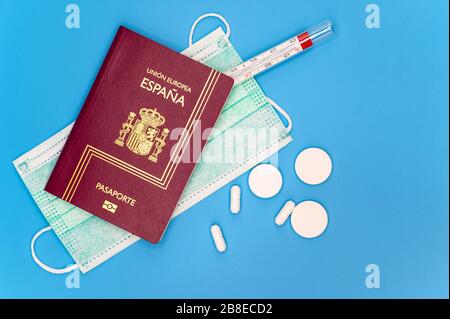 Spain travel restriction. Cancel the planned trip to Spain or restriction to Spanish travelers concept due to the spread of coronavirus infection. Quarantine for the covid-19 pandemic . Stock Photo