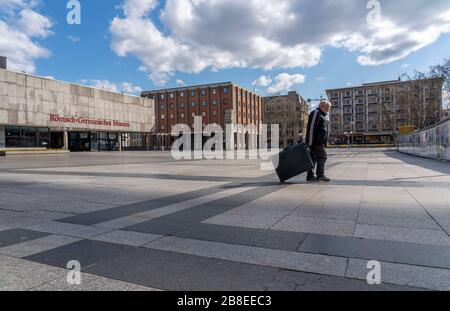 Effects of the coronavirus crisis, empty square at Cologne Cathedral, Roncalliplatz, Cologne,Germany, Stock Photo