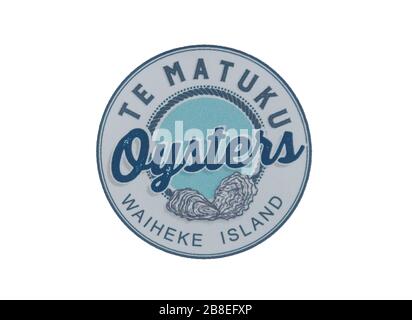 Te Matuku Bay Oysters Seafood Market beer mat, Belgium Street, Ostend, Waiheke Island, Hauraki Gulf, Auckland, New Zealand Stock Photo