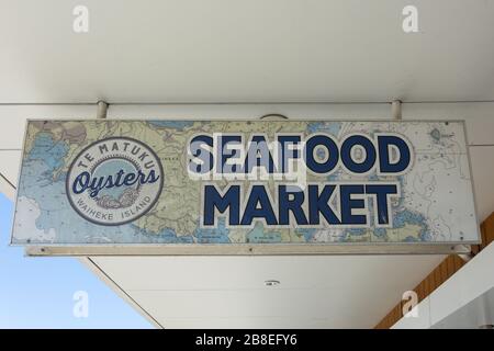 Te Matuku Bay Oysters Seafood Market sign, Belgium Street, Ostend, Waiheke Island, Hauraki Gulf, Auckland, New Zealand Stock Photo