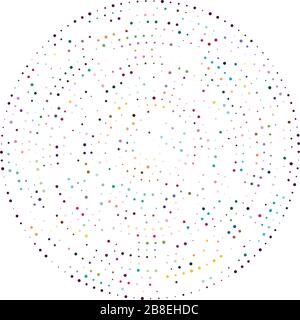 Random dots, circles abstract. Speckles, dotted radial, radiating, circular geometric illustration. Polka-dots, pointillist, pointillism design elemen Stock Vector