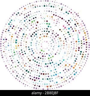 Random dots, circles abstract. Speckles, dotted radial, radiating, circular geometric illustration. Polka-dots, pointillist, pointillism design elemen Stock Vector