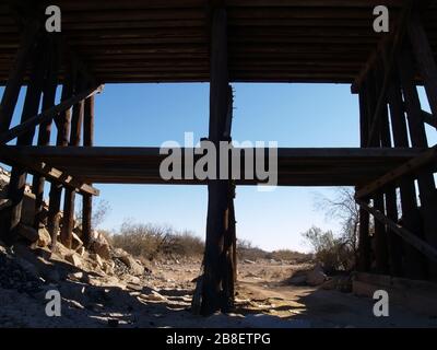 A view from under an old Railroad bridge in a remote area of Arizona. Stock Photo
