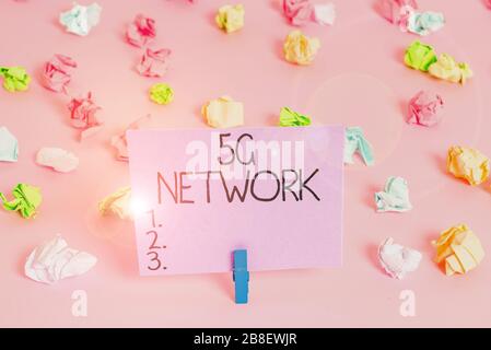 Handwriting text writing 5G Network. Conceptual photo greatly increase the speed and responsiveness of wireless network Colored crumpled papers empty Stock Photo