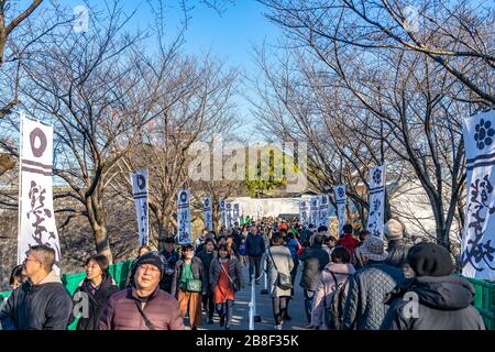 Tourists visiting Kumamoto Castle in New Year holiday. The castle sustained damage in earthquake on 2016. Stock Photo