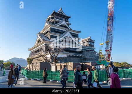 Tourists visiting Kumamoto Castle in New Year holiday. The castle sustained damage in earthquake on 2016. Stock Photo