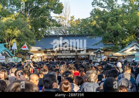 Tourists visiting Kato Shrine in New Year holiday. A shrine in Kumamoto Castle, Kumamoto City. Kumamoto Prefecture, Japan Stock Photo