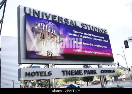 UNIVERSAL CITY, LOS ANGELES, CALIFORNIA, USA - MARCH 21: Universal Studios Hollywood, temporarily closed due to the coronavirus, two days after the 'Safer at Home' order issued by both Los Angeles Mayor Eric Garcetti at the county level and California Governor Gavin Newsom at the state level on Thursday, March 19, 2020 which will stay in effect until at least April 19, 2020 amid the Coronavirus COVID-19 pandemic, March 21, 2020 in Universal City, Los Angeles, California, United States. (Photo by Xavier Collin/Image Press Agency) Stock Photo