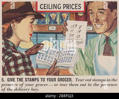 Give The Stamps To Your Grocer ‘How to Shop With Ration Book Two‘ - OAC - bk0007t0n59 (cropped). Stock Photo