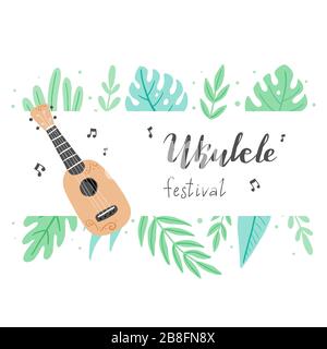 Cartoon ukulele with lettering text for summer, music poster template design. Small guitar with tropic leaf, floral decoration of hawaii style. Vector illuatration of hand drawn style. Stock Vector