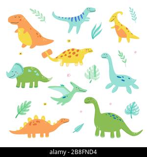 Cute dinosaur set for kids, baby clipart design. Colorful dino of hand drawn style. Vector illustration of dinosaurs isolated on background. Stock Vector