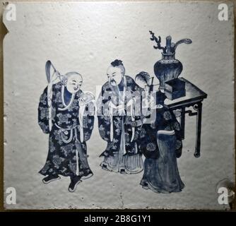 Blue and white ceramic tile with figurine design. Wuhan Museum, China