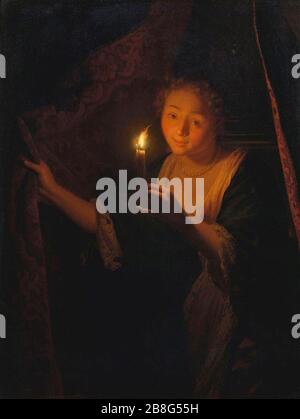 Godfried Schalcken - A Girl with a Candle Drawing aside a Curtain RCIN 404624. Stock Photo