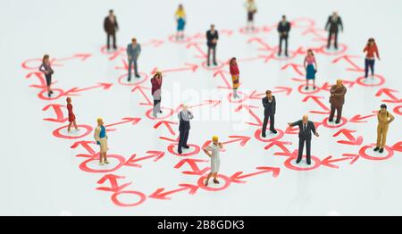Side view of miniature - social distancing, anti-social, interconnection or team work concept. Stock Photo