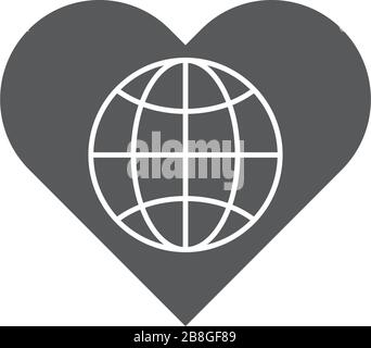 Globe with heart vector icon symbol isolated on white background Stock Vector