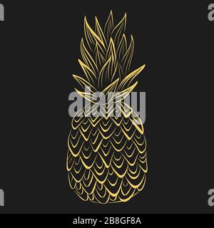 Vector tropical food illustration. Gold pineapple on black background. Summer fruit Stock Vector