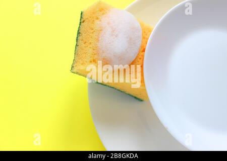 means for washing dishes and sponges on a plate on a colored background. household chores, washing dishes Stock Photo