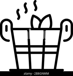 Wooden bucket and leaves icon, outline style Stock Vector