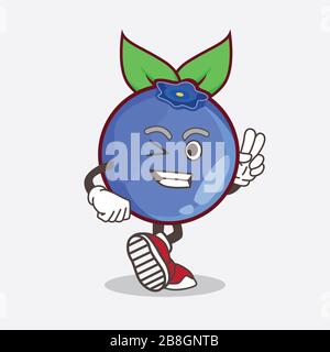 An illustration of Blueberry Fruit cartoon mascot character with two fingers Stock Photo