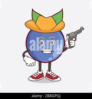 An illustration of Blueberry Fruit cartoon mascot character holding gun Stock Photo